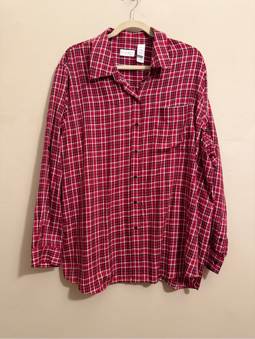 Elisabeth by Liz Claiborne Red Black Plaid Button Front Blouse Shirt 2X